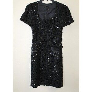 Donna Karan New York Black Sequins Short Sleeve Button Front Belted Dress 4 NWT